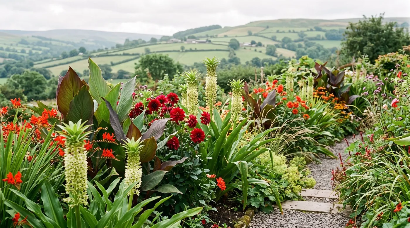 A mixed exotic border with Eucomis spikes, broad canna leaves and dahlias in a Welsh hillside garden under soft overcast light
