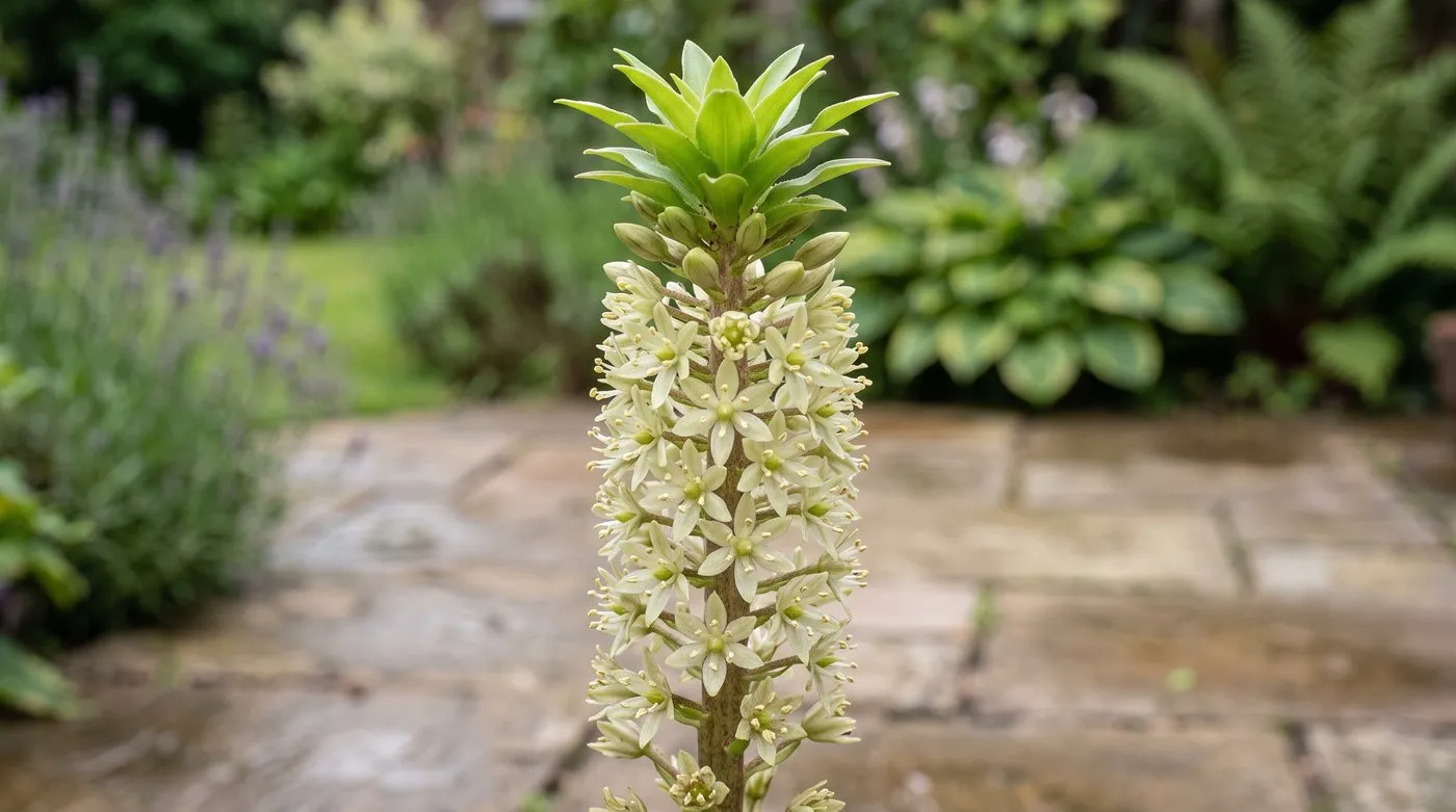 Close-up of a Eucomis pineapple lily flower spike showing packed star-shaped flowers and the leafy green tuft on top