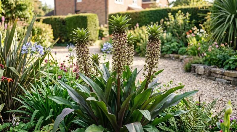 Eucomis pineapple lily flower spikes with leafy tufts standing above strappy leaves in a sunny UK exotic border