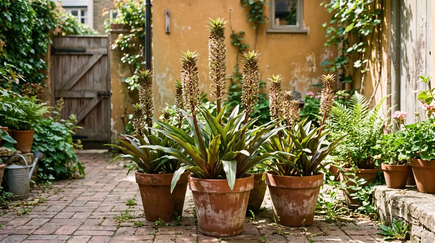 Three terracotta pots of Eucomis in full flower on a sunny city courtyard patio, spikes rising above strappy green leaves