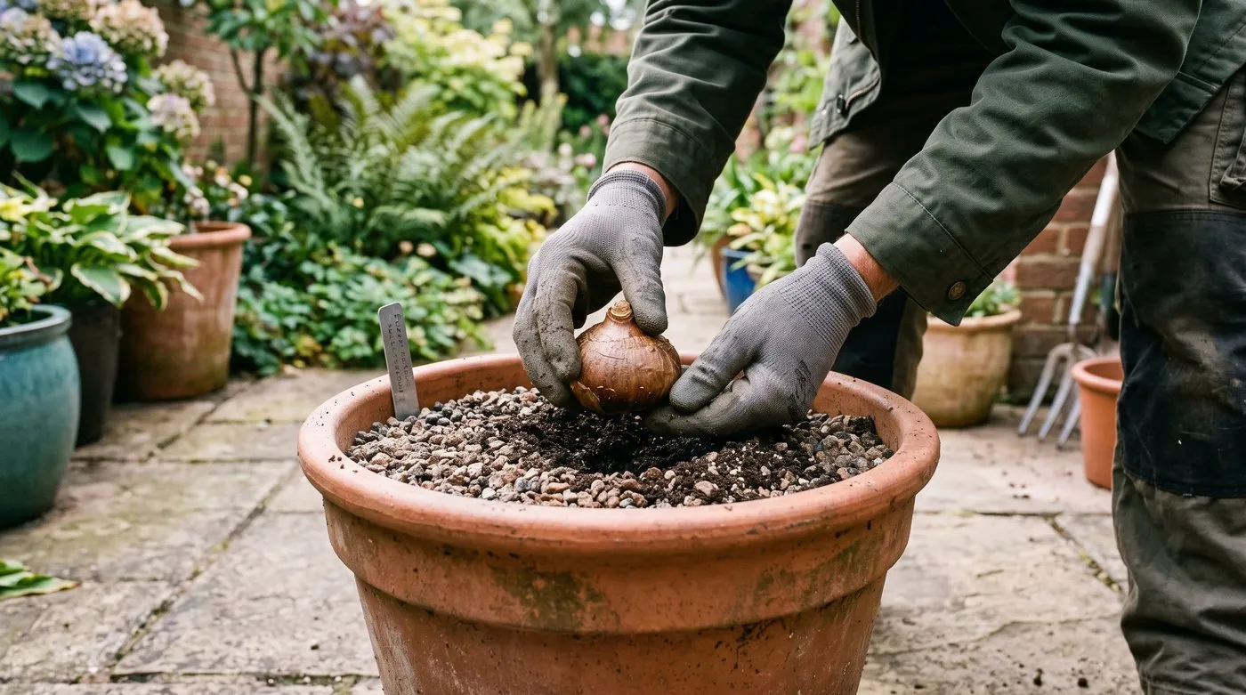 Gloved hands setting a Eucomis bulb onto a layer of grit in a deep terracotta pot of gritty compost on a suburban patio