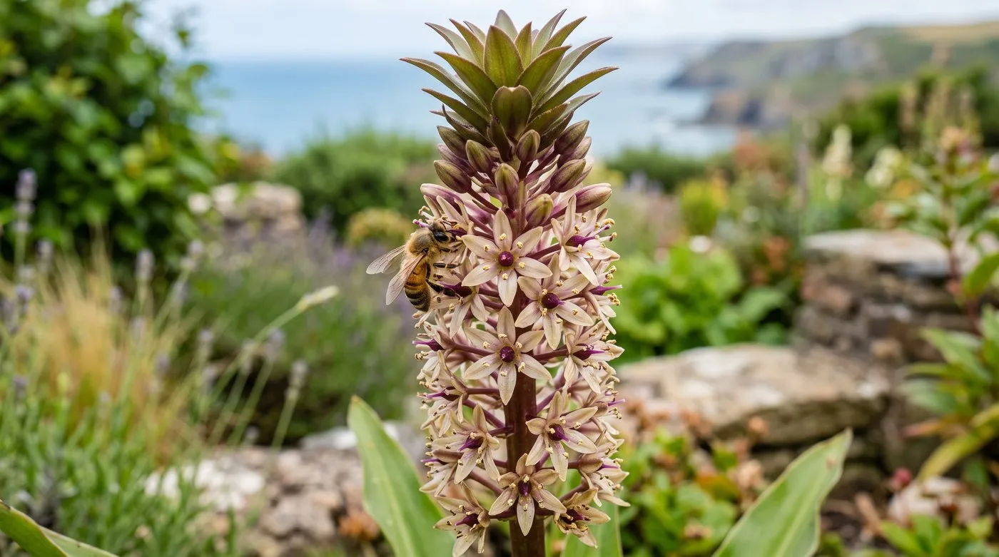 A honeybee feeding on the open star-shaped flowers of a Eucomis pineapple lily spike in a seaside UK garden