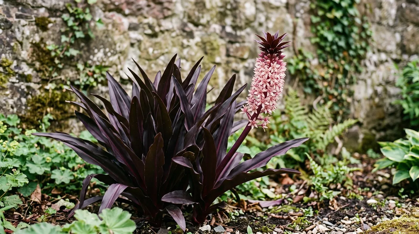 A clump of Eucomis 'Sparkling Burgundy' showing deep wine-purple strappy foliage and a pink-flushed flower spike in a Scottish walled garden