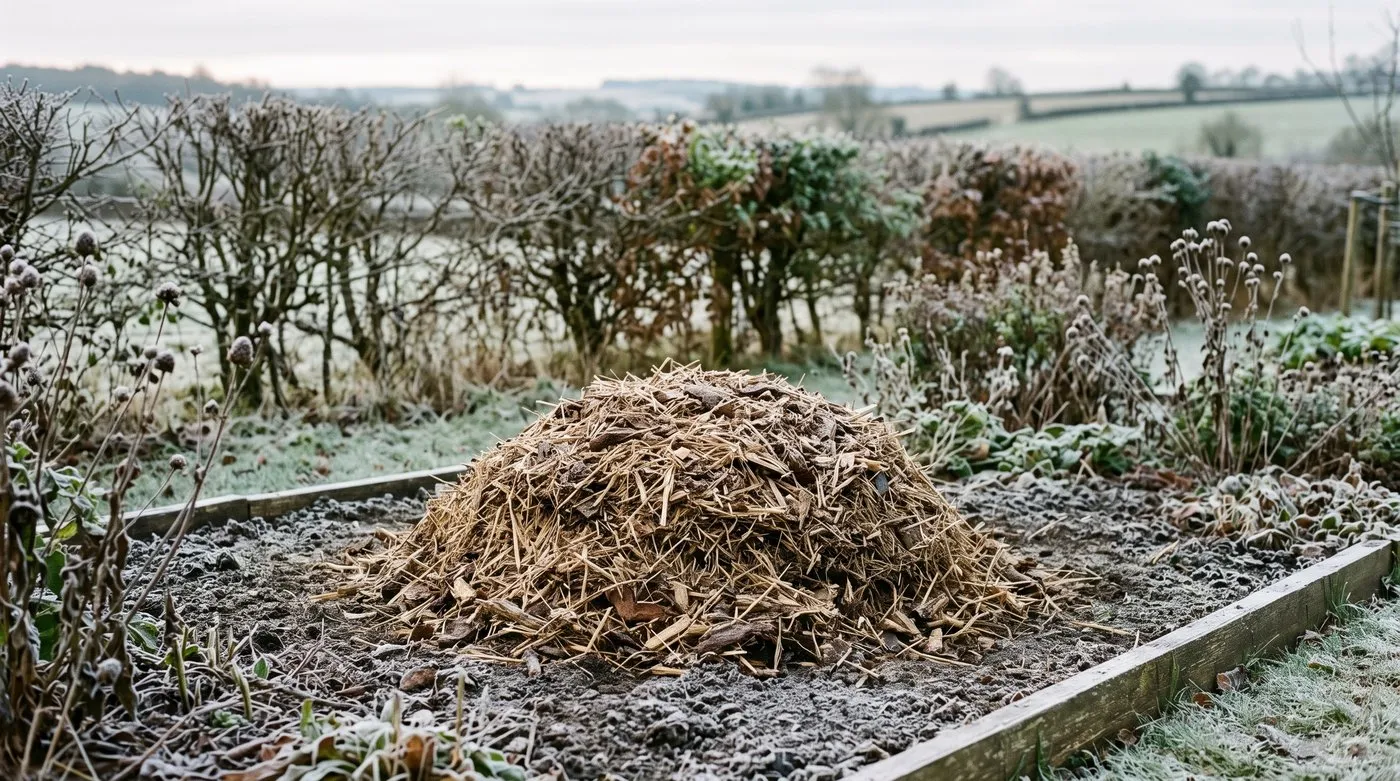 A Eucomis crown in a border mulched with a thick 15cm dome of straw and bark for winter protection in a frosty rural garden