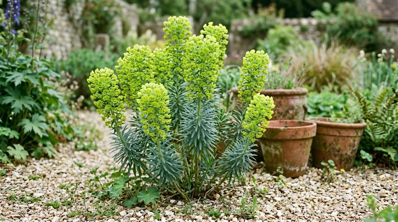 Euphorbia characias with acid-green flower heads in a UK gravel garden in late spring
