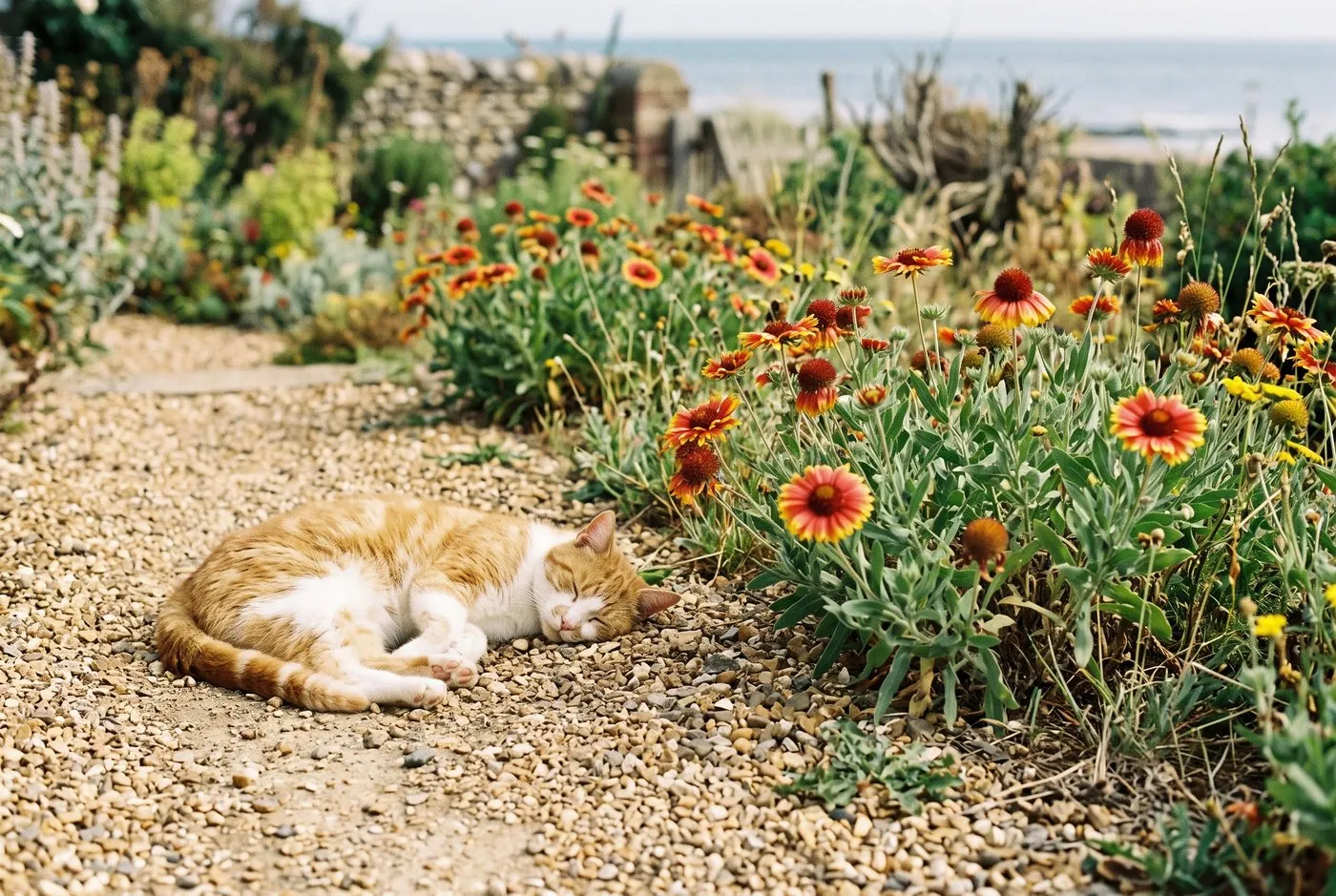A ginger and white cat asleep on a gravel path beside a border of red and yellow gaillardia in a UK seaside garden