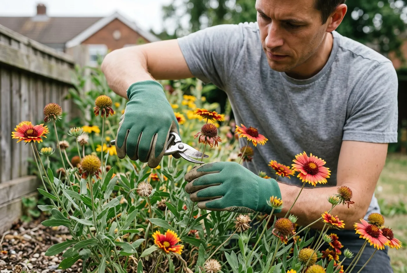 A man deadheading gaillardia with secateurs in gloved hands in a suburban border under cloudy skies