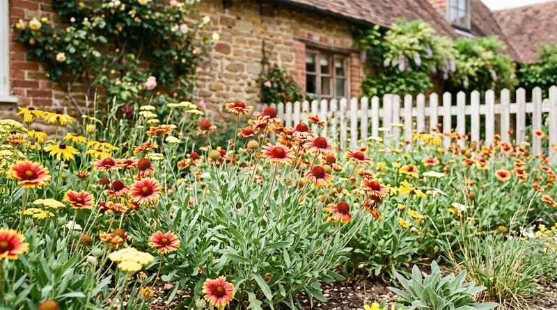 Gaillardia blanket flower daisies in red and yellow flowering across a sunny Midlands cottage border
