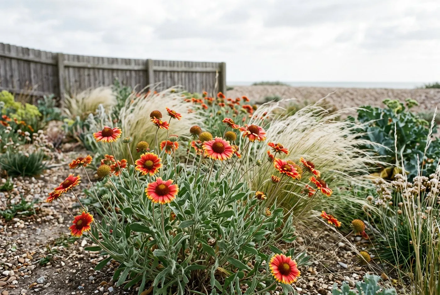 A seaside border of gaillardia flowering among grasses under a cloudy coastal sky in a UK garden