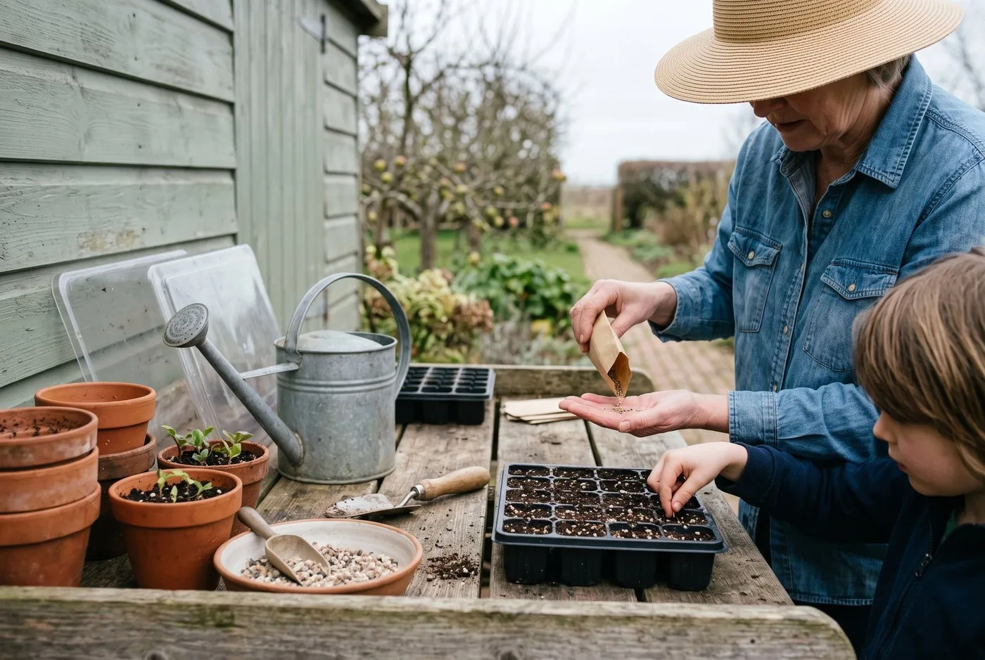 A young boy and an older woman sowing gaillardia seed together into modular trays on a potting bench