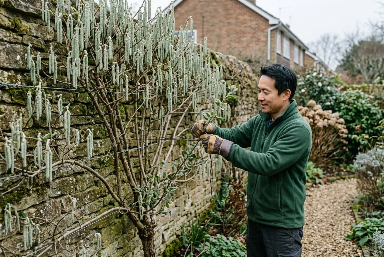 Gardener training garrya branches against horizontal wires on a stone wall in a UK suburban garden