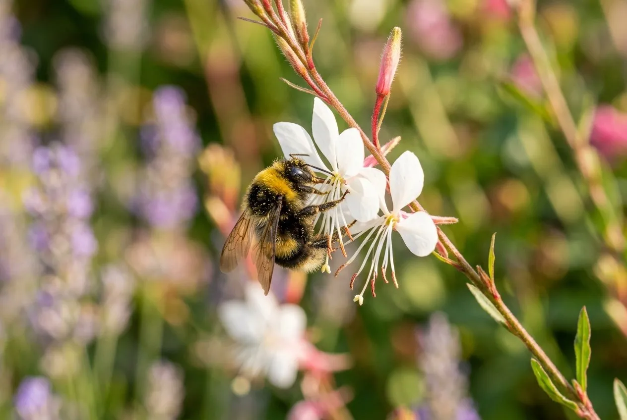 A bumblebee feeding on a white gaura beeblossom flower with a summer border blurred behind