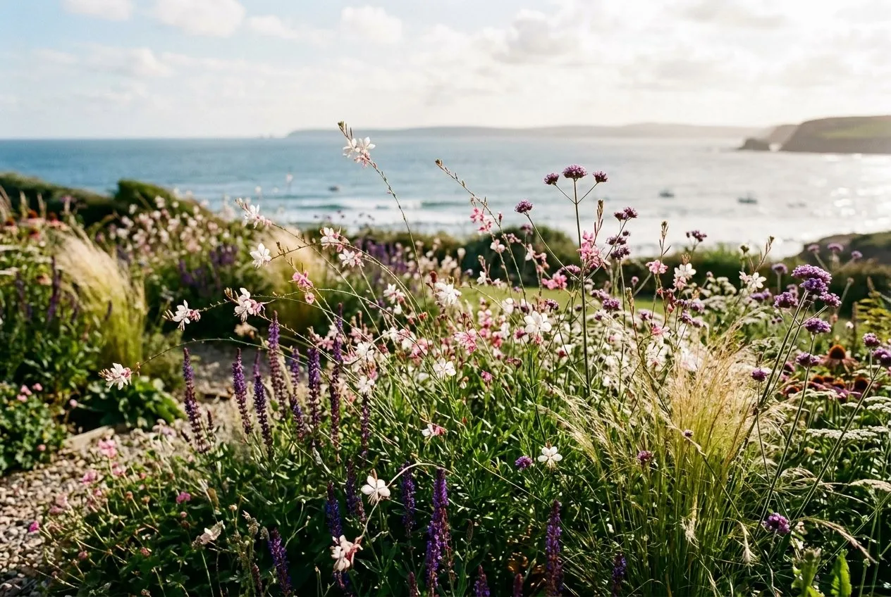 White and pink gaura weaving through a naturalistic UK border among grasses, salvia and verbena, coast blurred behind