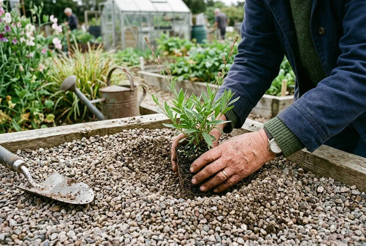 A gardener's hands planting a young gaura into a raised gravel bed with coarse grit mounded around the crown