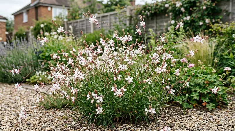White gaura Whirling Butterflies flowering on wiry stems in a sunny UK gravel border