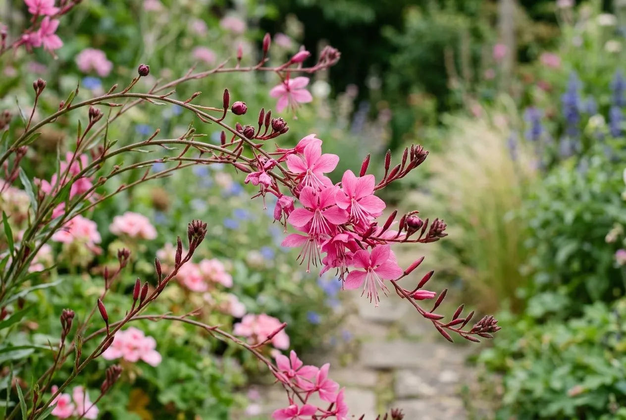 Deep rose-pink Gaura Siskiyou Pink flowers on wiry arching stems in a sunny UK cottage garden border