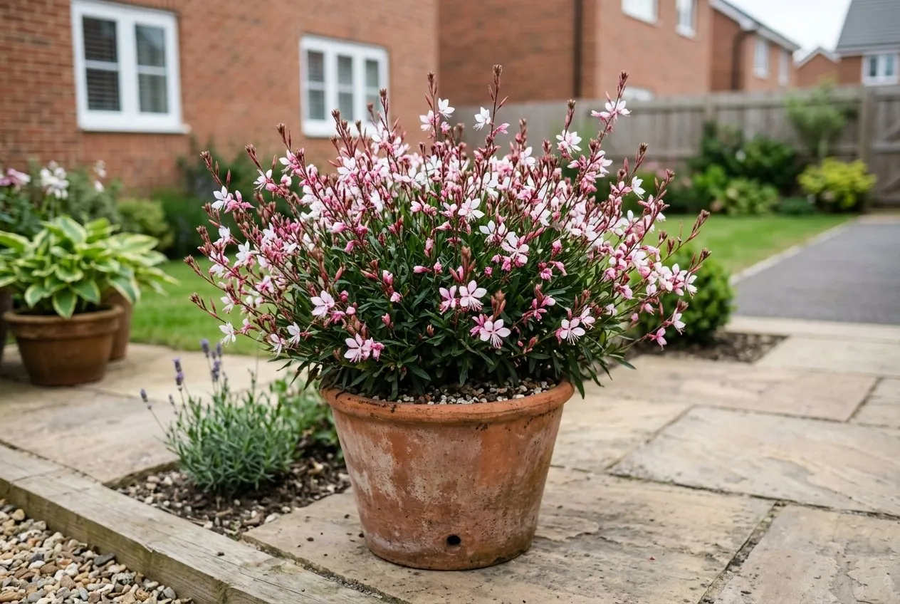 Compact dwarf gaura from the Belleza series flowering in a terracotta pot on a small UK patio in gritty compost