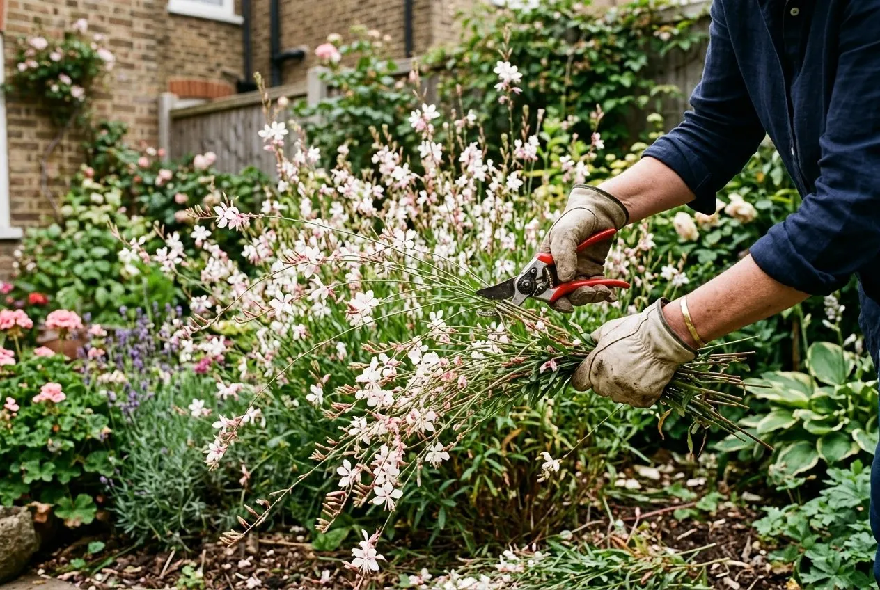Hands using secateurs to shear a floppy clump of gaura back by a third in midsummer to refresh flowering