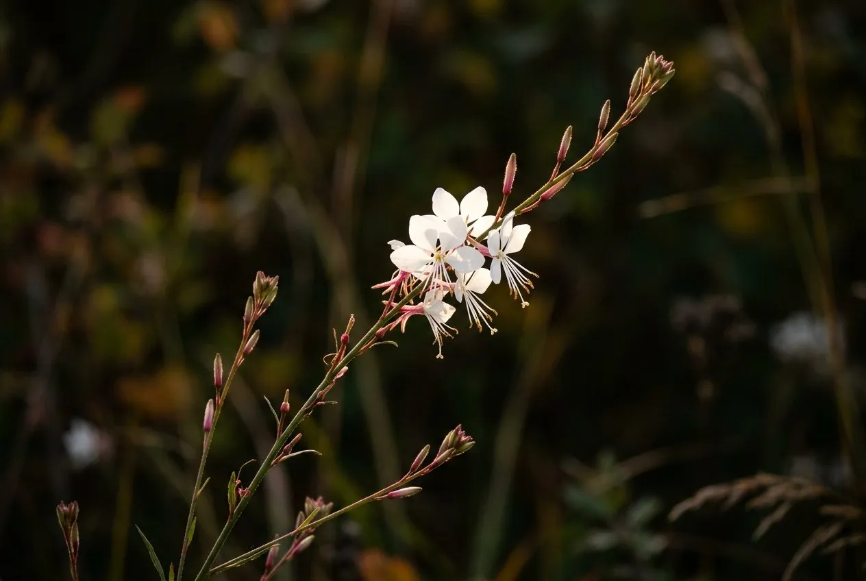 Close-up of white Gaura Whirling Butterflies flowers with pink buds on a thin red wiry stem, backlit by low sun