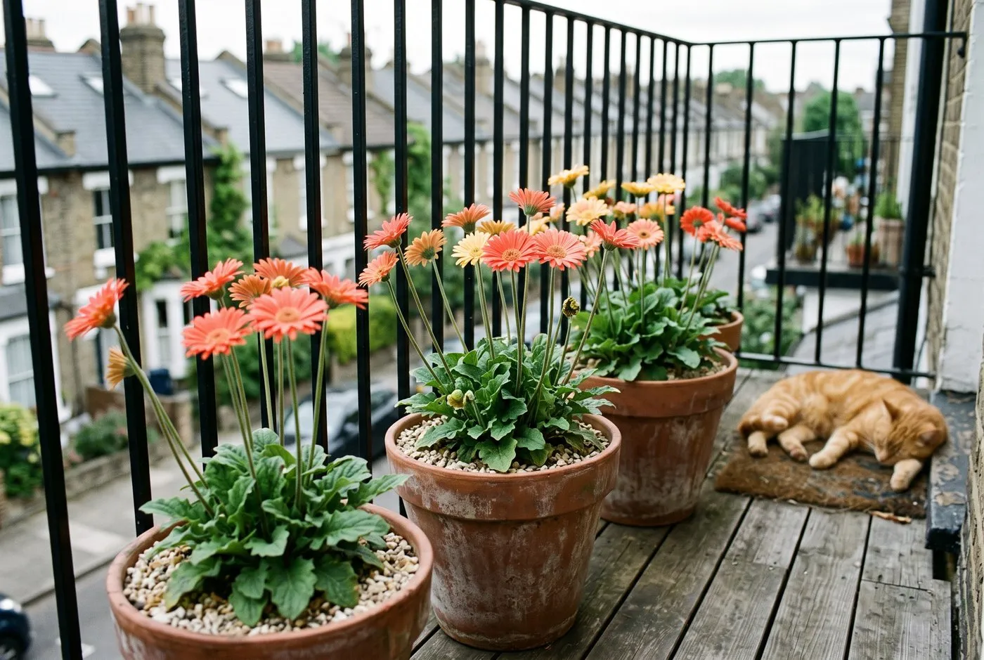 Coral and yellow gerberas in terracotta pots on a city balcony, with a ginger cat asleep on a mat behind