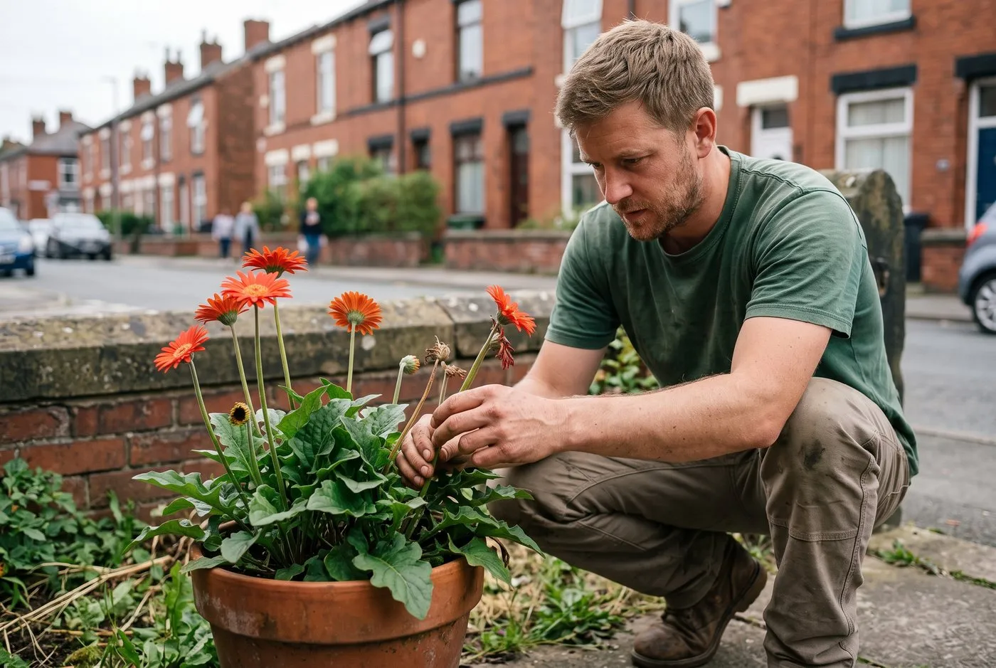A man in his thirties deadheading a spent gerbera stem by pulling it from a pot in a terraced front garden