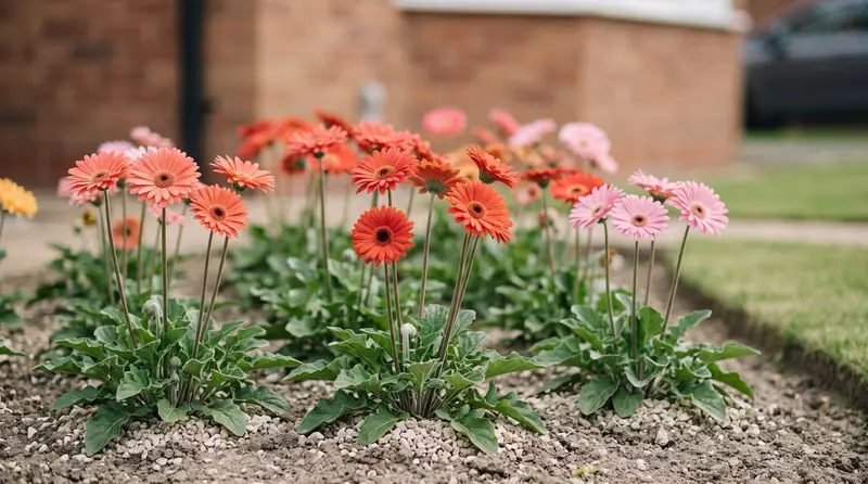 Coral and pink hardy Garvinea gerberas flowering in a sunny free-draining border in a suburban UK garden in July