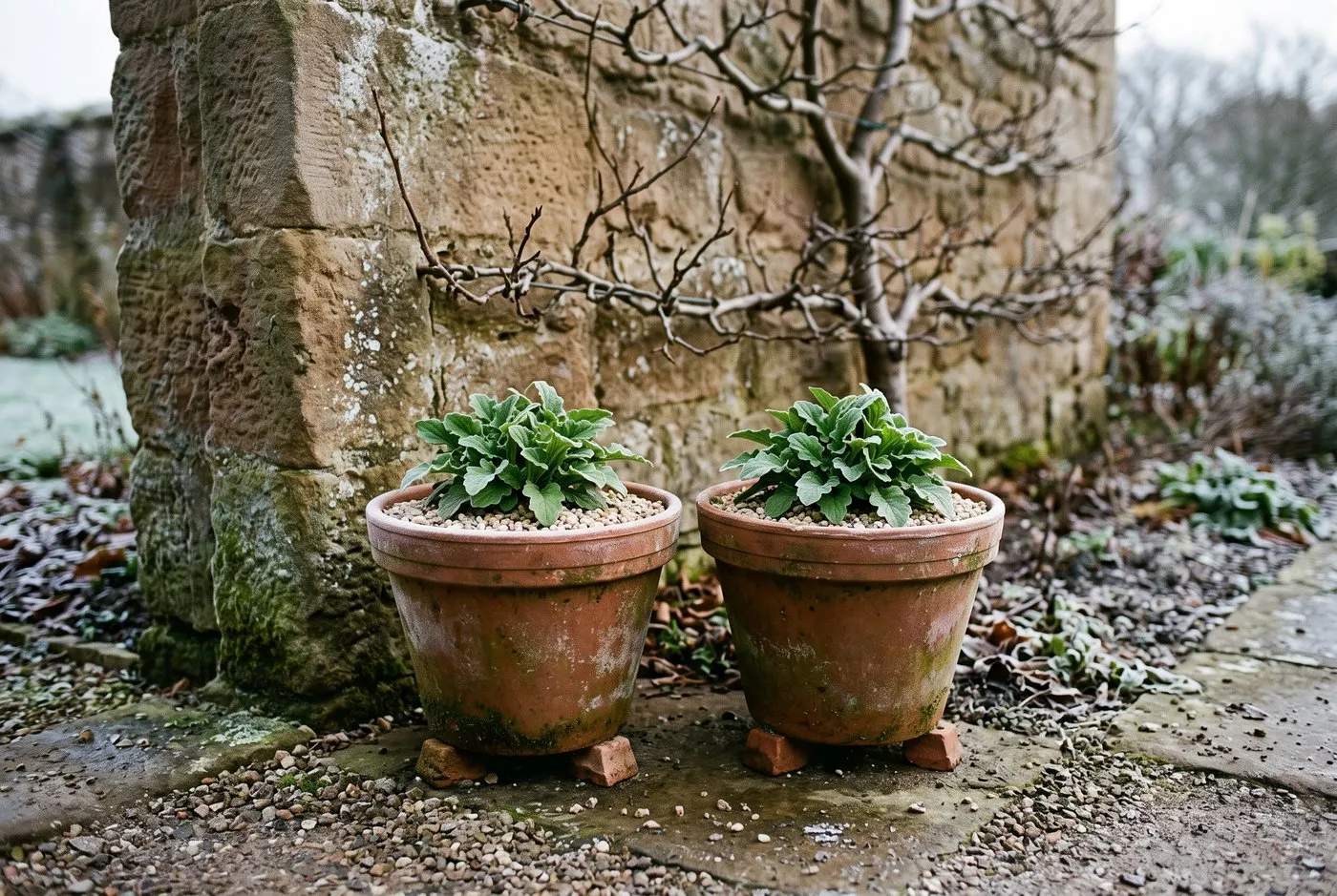 Hardy Garvinea gerberas in pots raised on pot feet against a sheltered stone wall for winter in a Scottish walled garden