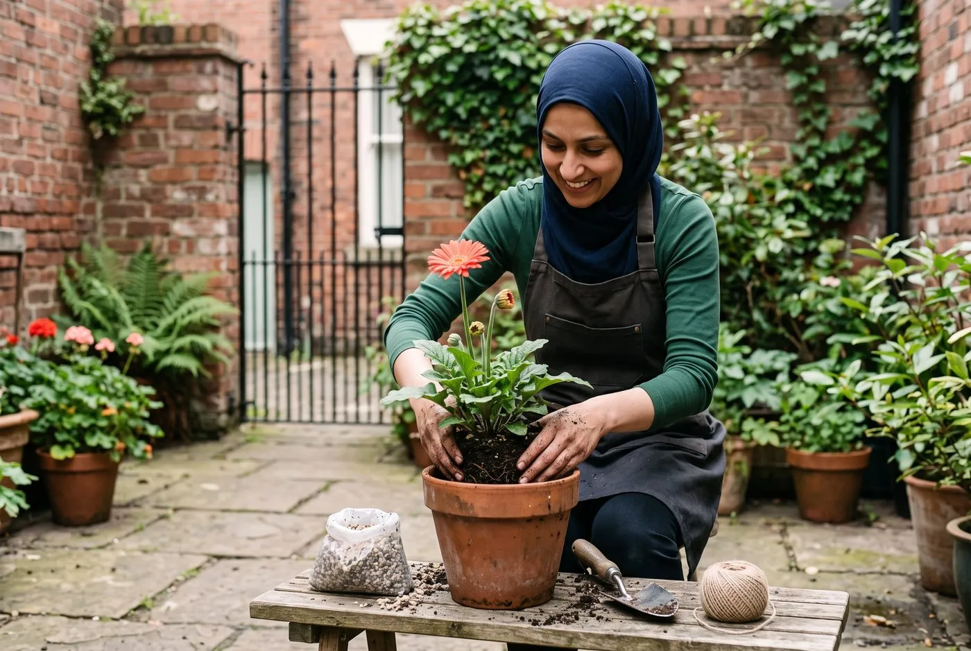 A woman in a hijab in her thirties potting up a gerbera on a patio, hands visible pressing gritty compost around the plant