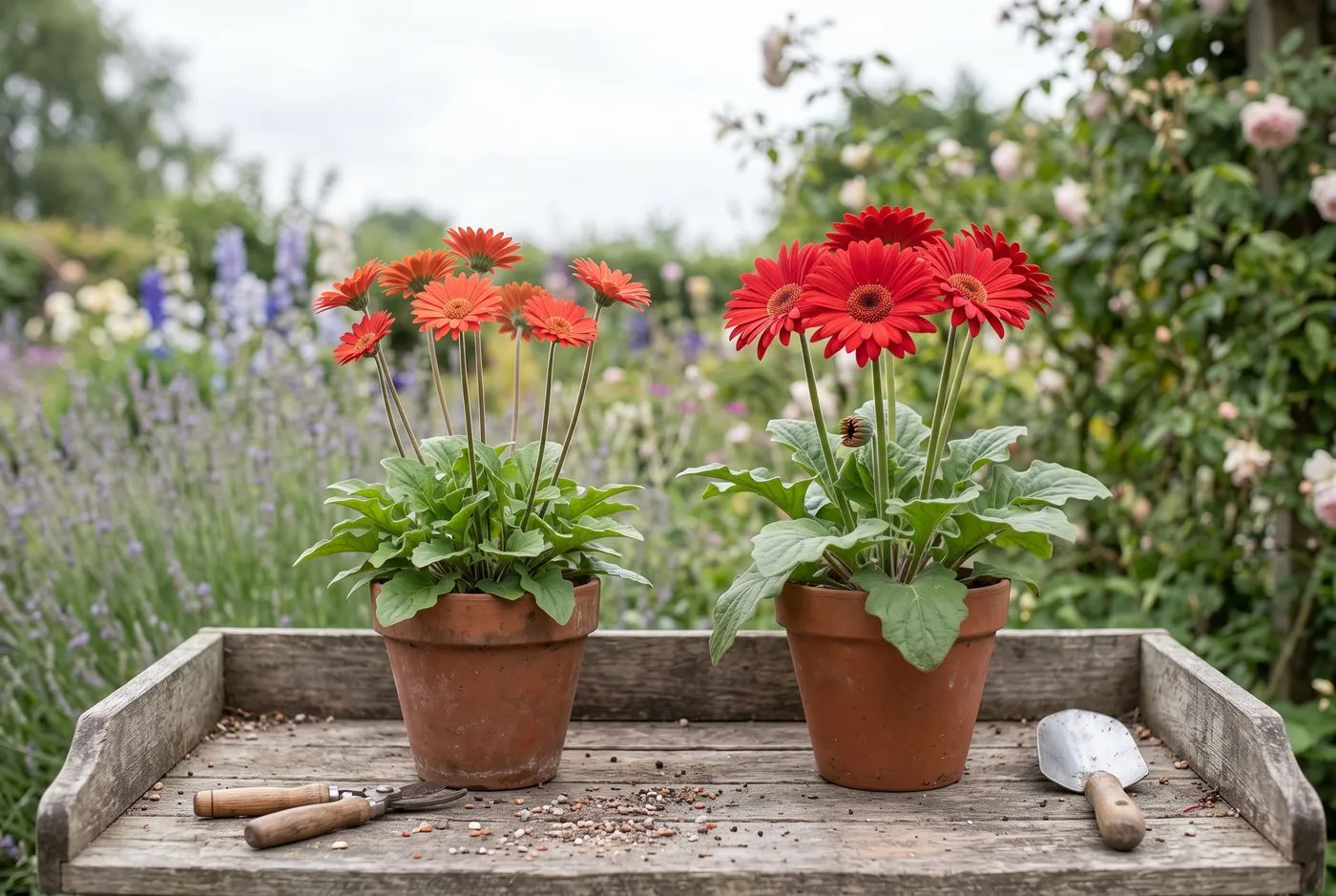 Hardy Garvinea gerbera and a tender florist Gerbera jamesonii shown side by side on a potting bench for comparison