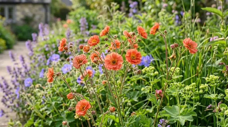 Orange geum Totally Tangerine flowers blooming in a sunny UK cottage garden border in late spring