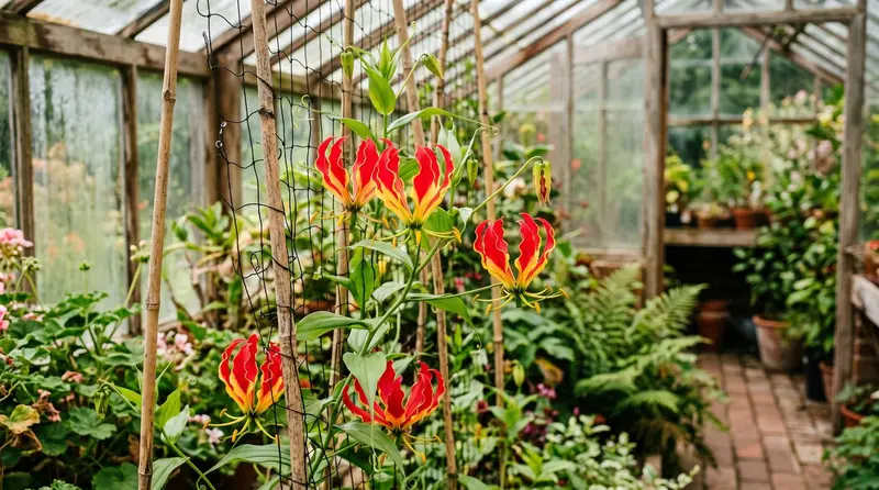 Red and yellow gloriosa flame lily climbing canes in a UK greenhouse border