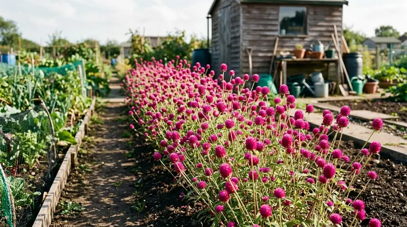 Row of magenta globe amaranth flowers in a Yorkshire allotment cutting garden in full summer sun