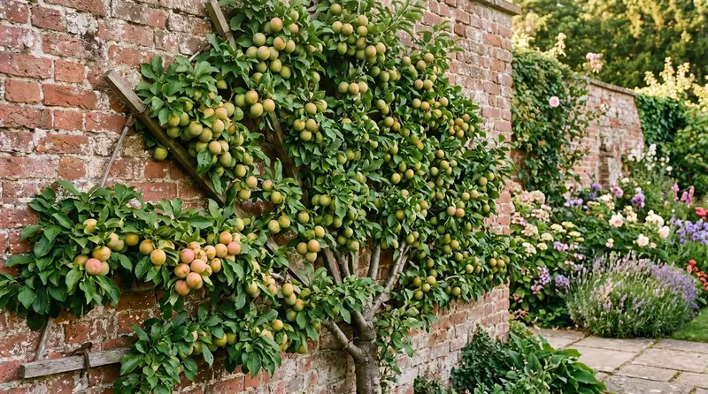 Fan-trained Cambridge Gage greengage tree heavy with ripe golden-green fruit against a warm south-facing UK brick wall in