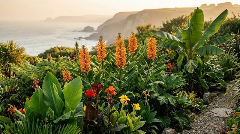 Tall orange Hedychium ginger lily flower spikes in an exotic UK border, late summer