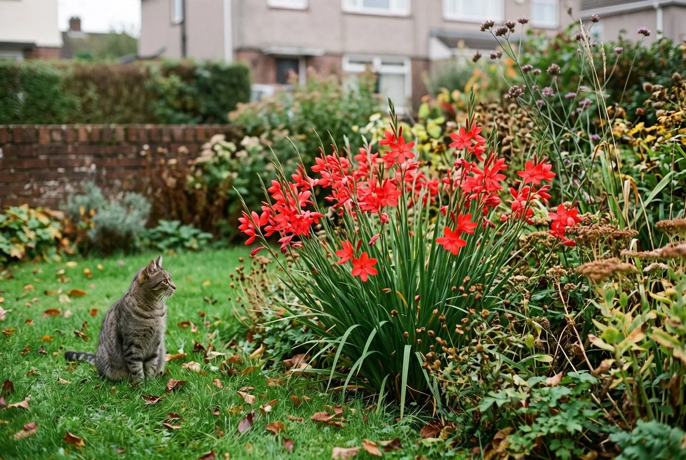 A tabby cat sitting on the grass beside an autumn border of red crimson flag lily hesperantha in a suburban garden