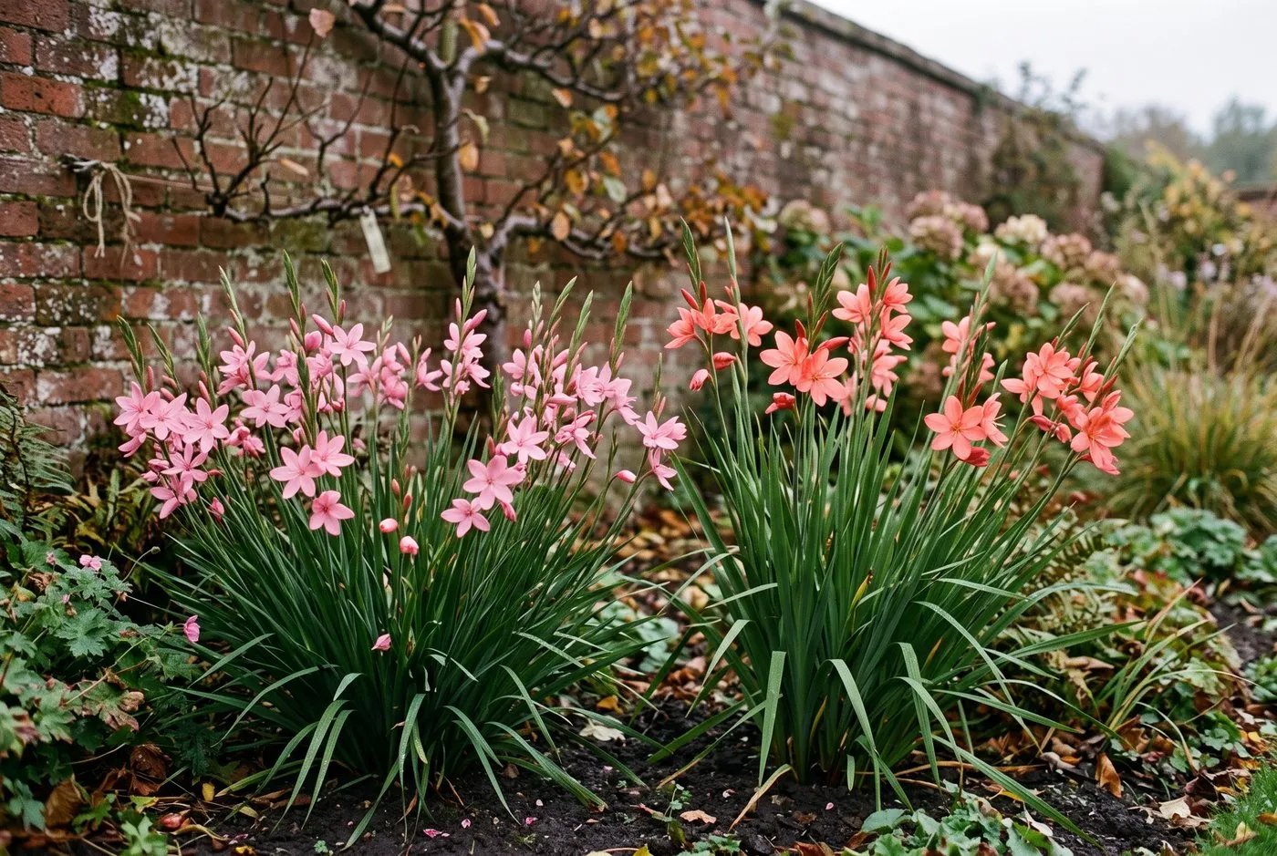 Comparison of pink Mrs Hegarty and salmon Sunrise crimson flag lily clumps flowering side by side in a Scottish walled garden