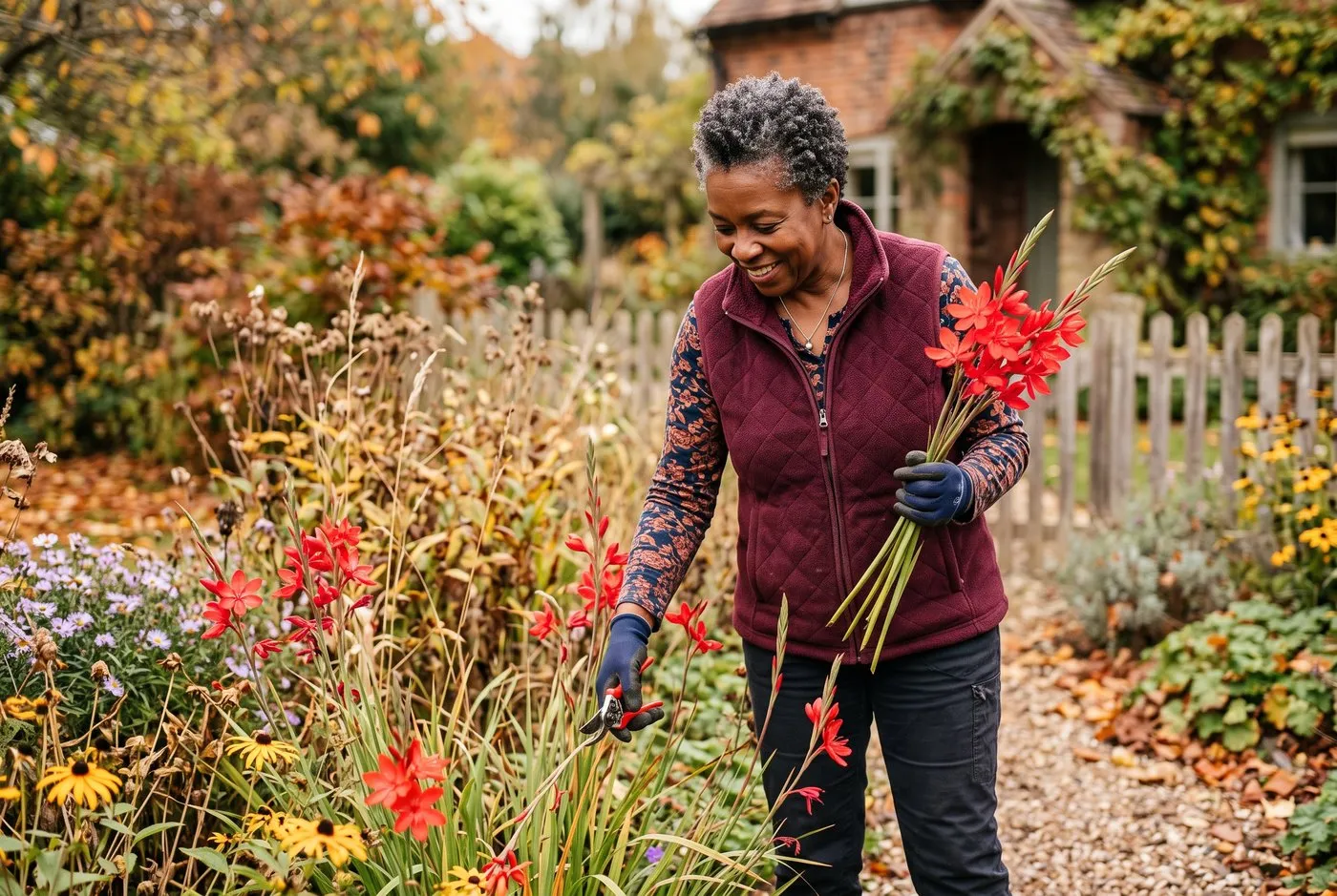 A Black British woman in her sixties cutting hesperantha stems for a vase in a Midlands cottage autumn border