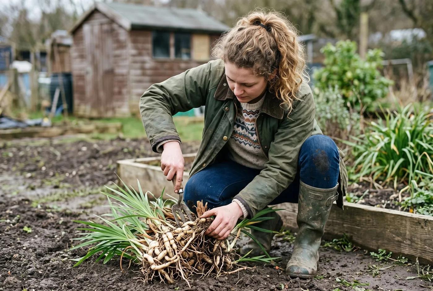 A white British woman in her 20s dividing a congested hesperantha rhizome clump with a hand fork on an allotment plot