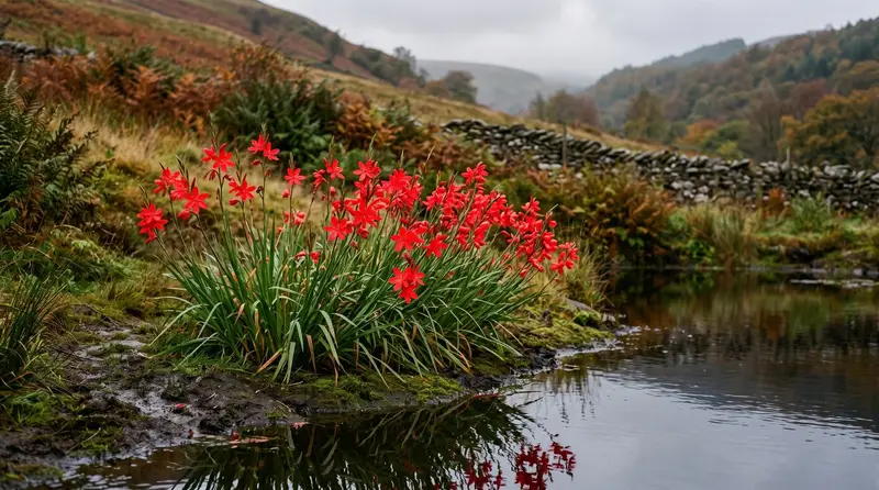 Crimson flag lily Hesperantha coccinea in full red flower along a moist pond edge in an autumn UK garden