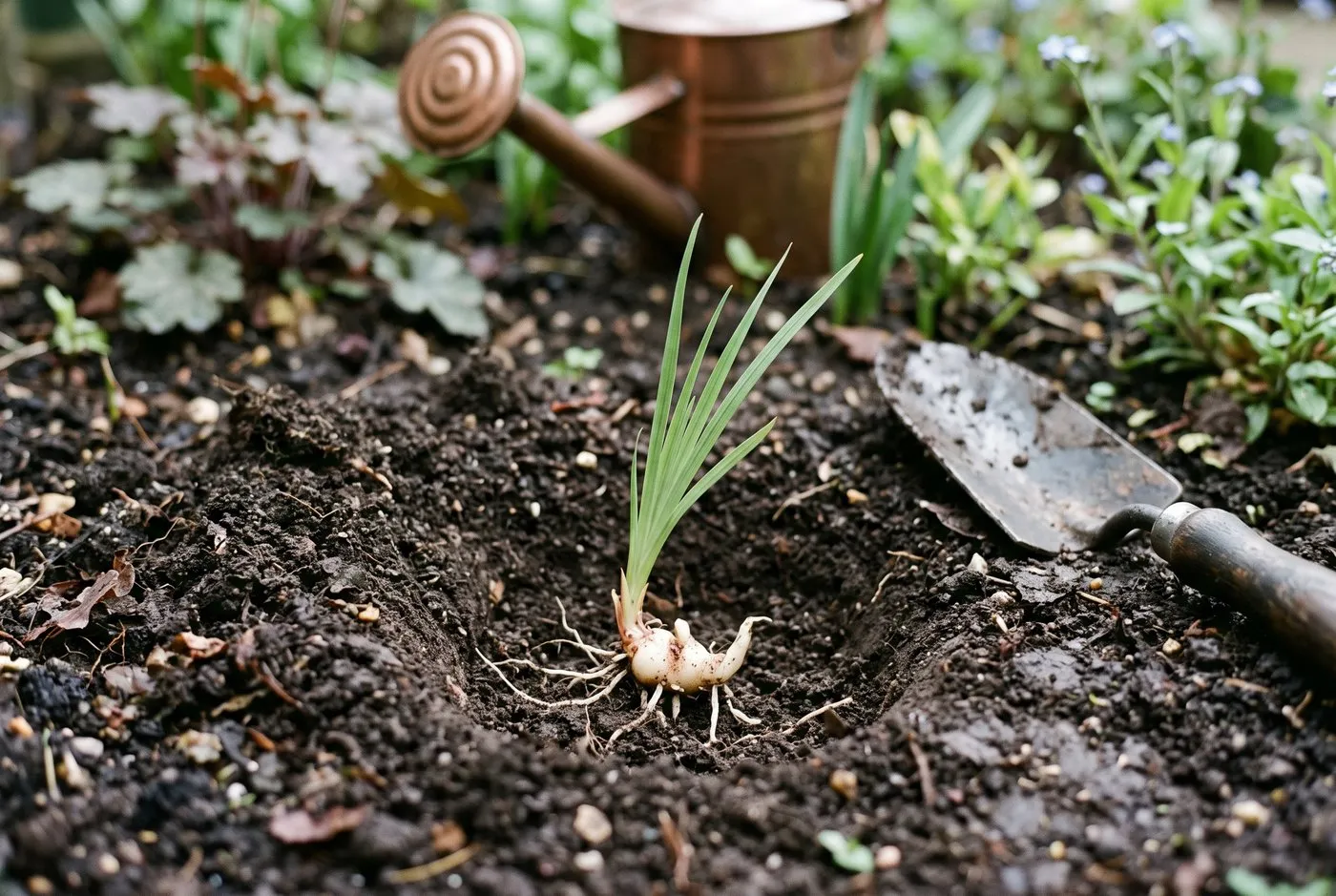 A hesperantha rhizome set into a shallow planting hole in moist compost-enriched soil at a suburban border