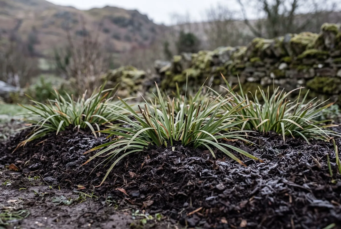 Hesperantha crowns mulched with an 8cm layer of leaf mould for winter protection in a Welsh hillside garden