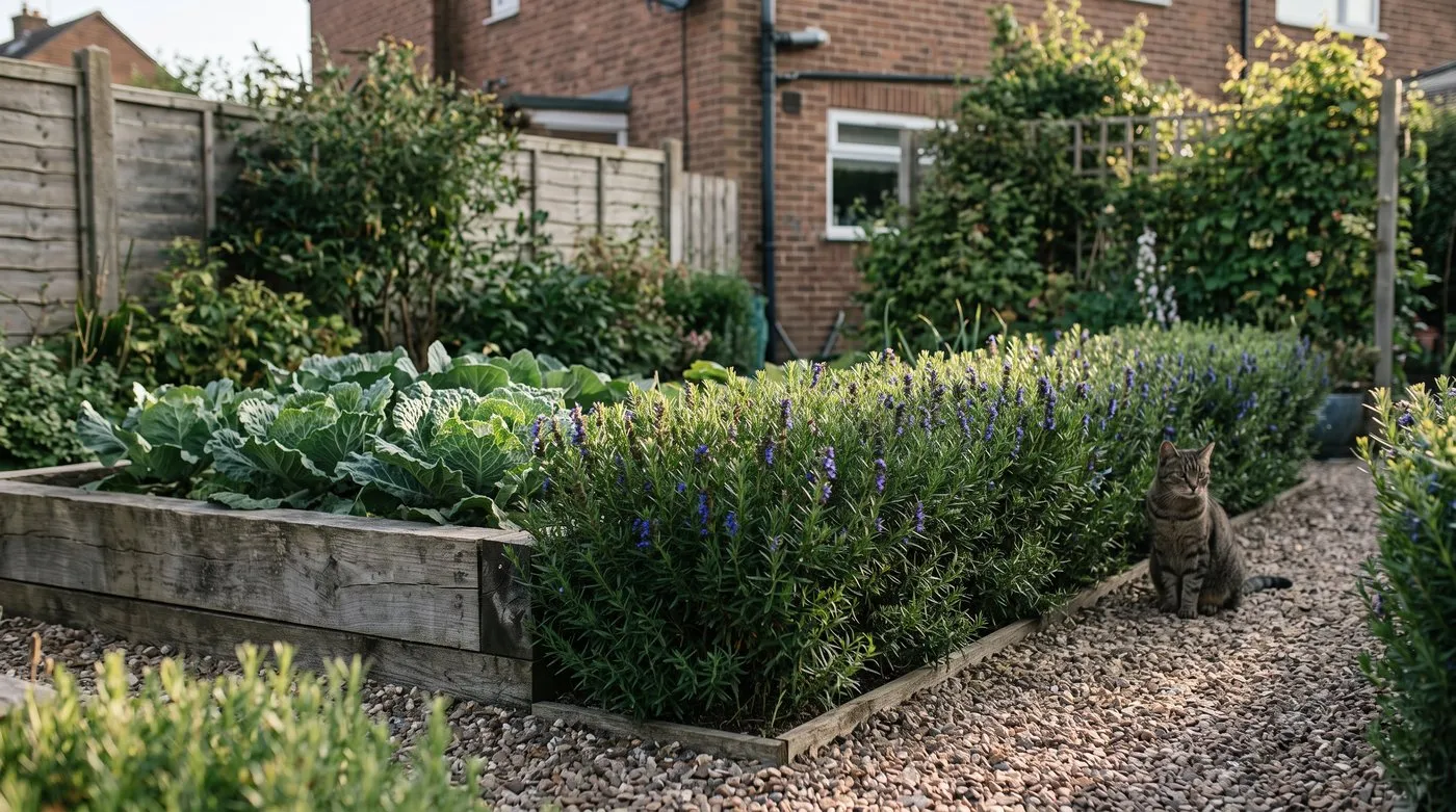 Low hedge of blue-flowered hyssop edging a raised vegetable bed, with a tabby cat on the path