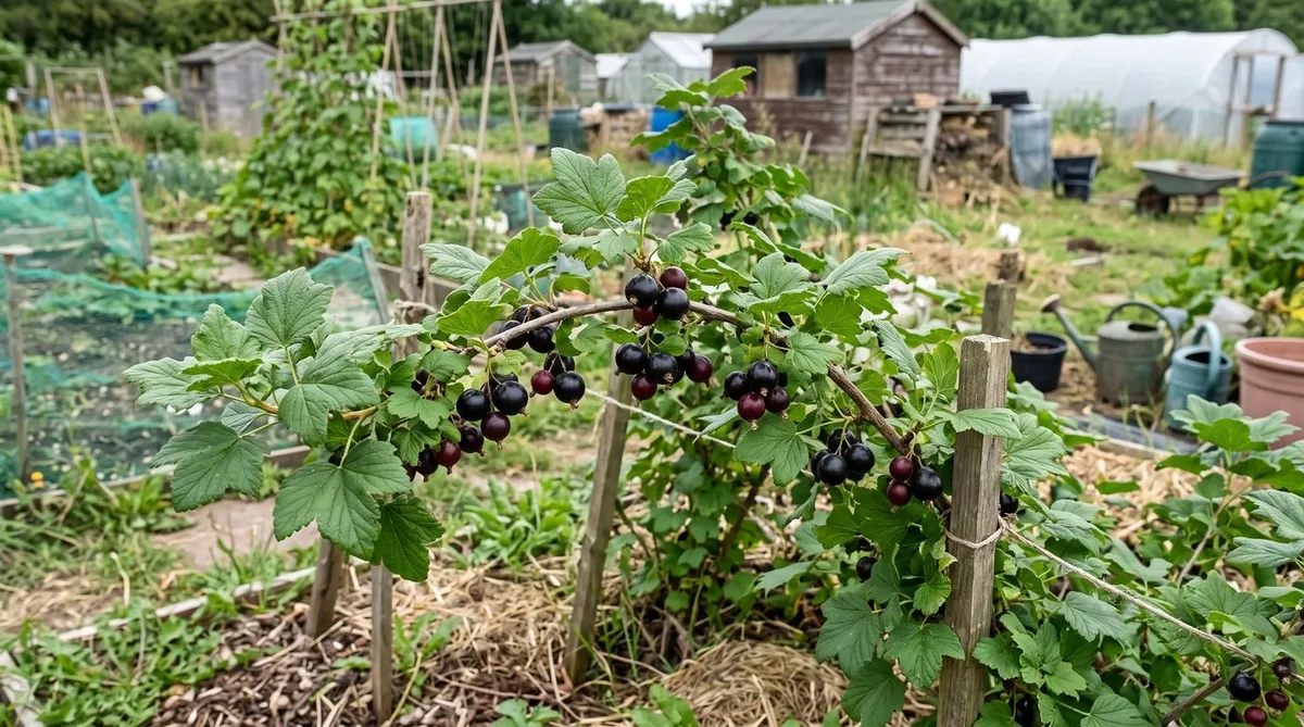Ripe jostaberries on a bush on a sunny UK allotment