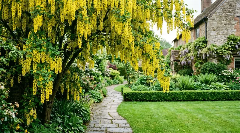 Laburnum tree in full bloom with hanging yellow flower racemes over a UK garden path
