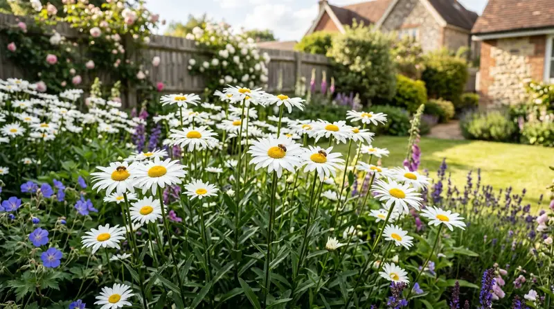 A drift of white Shasta daisies, Leucanthemum x superbum, flowering with bees in a sunny UK summer border