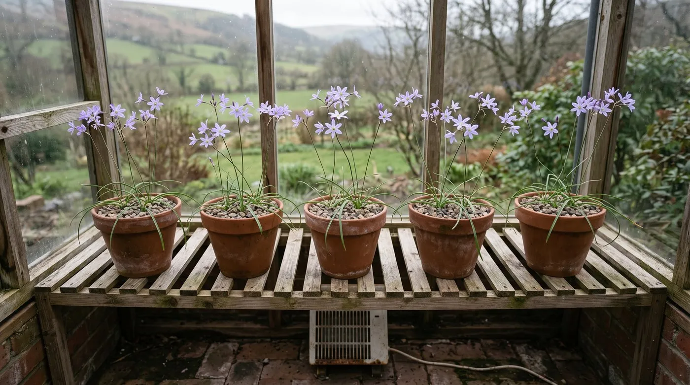 Clay pots of flowering leucocoryne on frost-free greenhouse staging with a small heater below