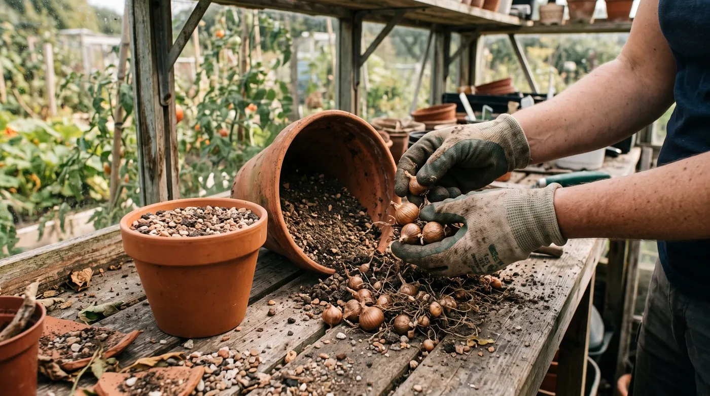 Gloved hands separating dry leucocoryne bulbs and small offsets from an old pot of gritty compost