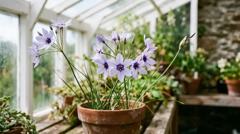 Leucocoryne glory of the sun bulbs flowering in a terracotta pot on greenhouse staging in a Cornwall conservatory