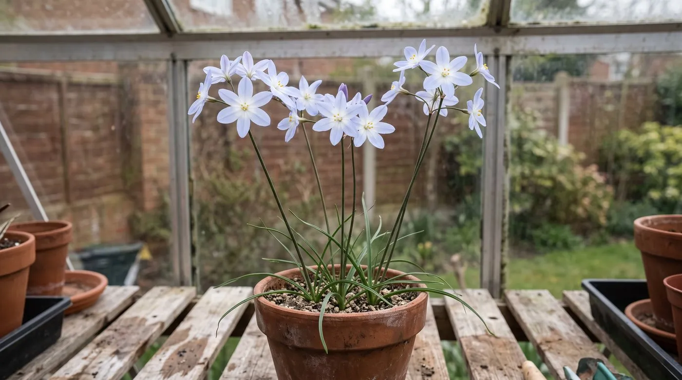 Leucocoryne ixioides with loose heads of pale blue six-petalled star flowers on thin stems in a clay pot