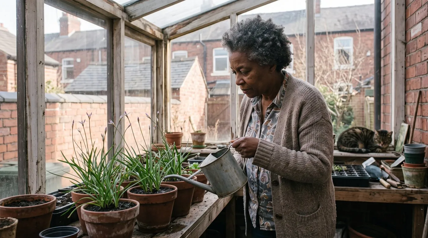 Woman watering clay pots of leucocoryne in bud in a conservatory as a tabby cat dozes nearby